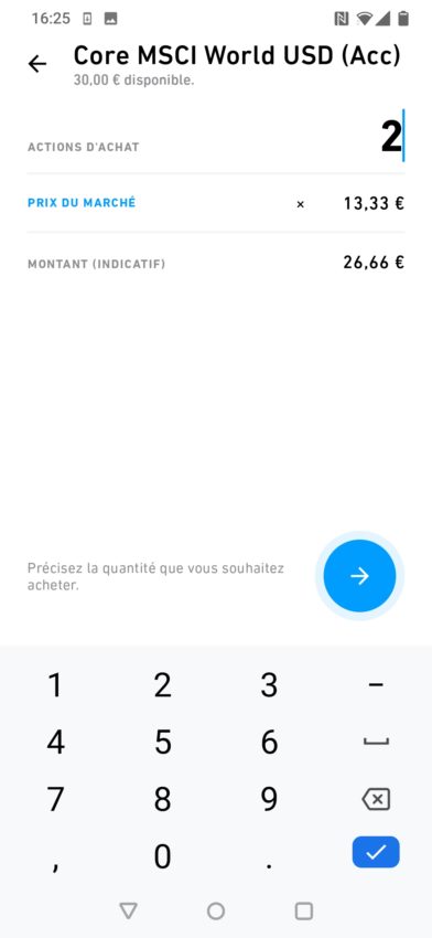 Example d'achat d'action au prix du marché sur l'application mobile Apple Trade Republic