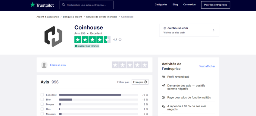 4,7/5 de moyenne pour les avis Trustpilot sur Coinhouse