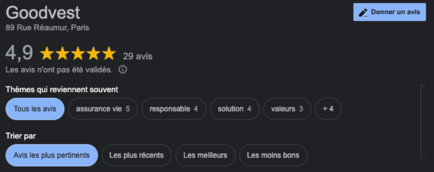 n moyenne les avis Google sur Goodvest sont très positifs, même si encore peu nombreux