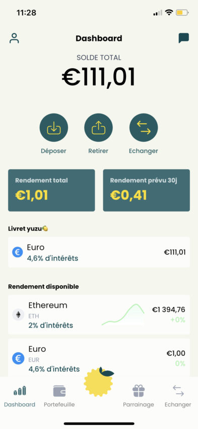 Interface de l'application mobile crypto Yuzu