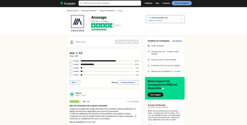 Avis Trustpilot de 4,5 pour Anaxago