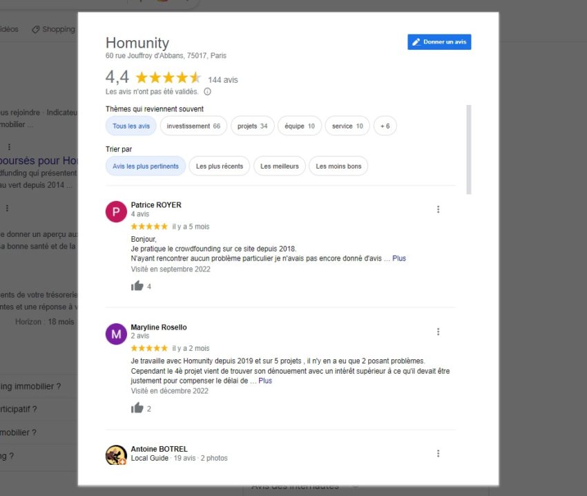 Homunity affiche une belle moyenne de 4,4/5 sur presque 150 avis Google