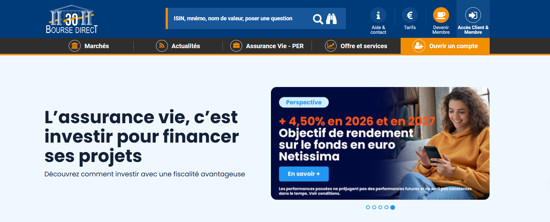 Capture d'écran accueil site Bourse Direct assurance vie.