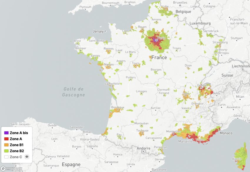 Aperçu de la classification gouvernementale des communes selon la tension sur le marché locatif en France métropolitaine et Corse et Zones Pinel.