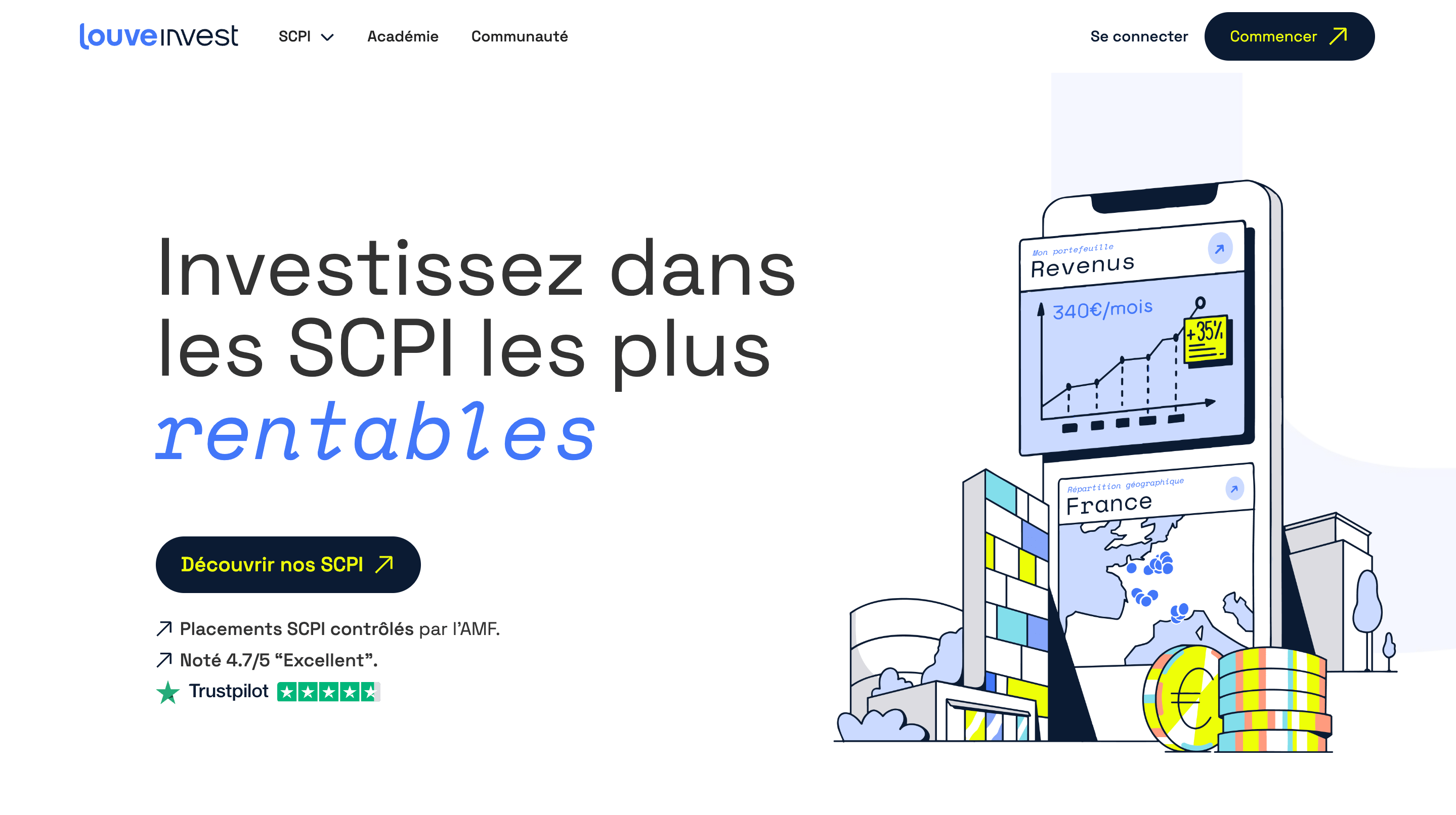 Page d'accueil de Louve Invest, le courtier en ligne de SCPI qui vous reverse jusqu'à 2,5% du montant investi