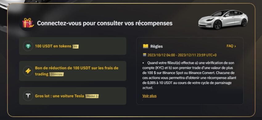 En octobre 2023 Binance booste son programme de parrainage et permet de gagner une Tesla Model 3