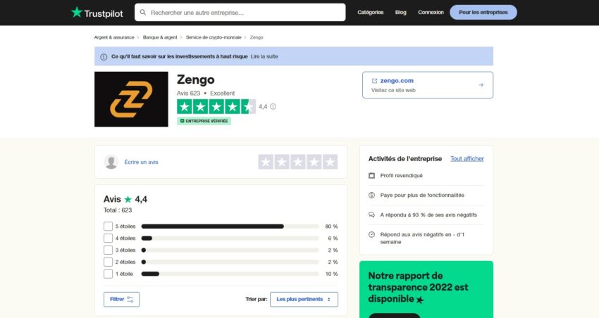 En octobre 2023 Zengo a une note moyenne de 4,4/5 sur Trustpilot