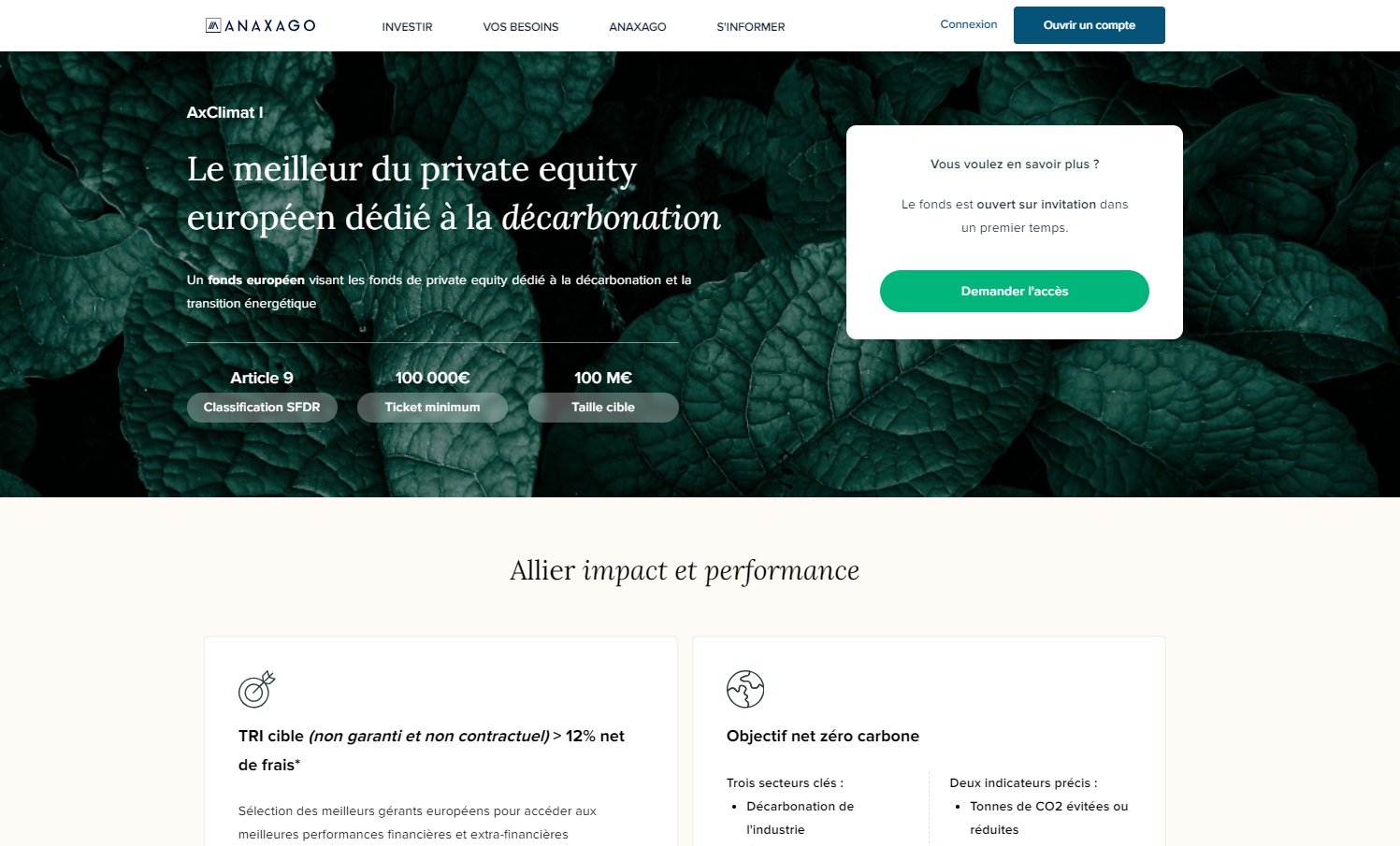 Page web dédiée au fonds de fonds à impact d'Anaxago