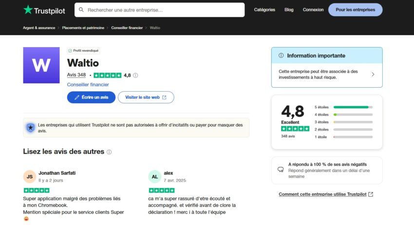 Waltio dispose de bons avis sur le site Trustpilot