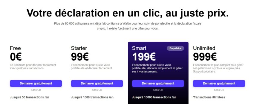 Visuels des 4 formules d'abonnement disponibles pour Waltio