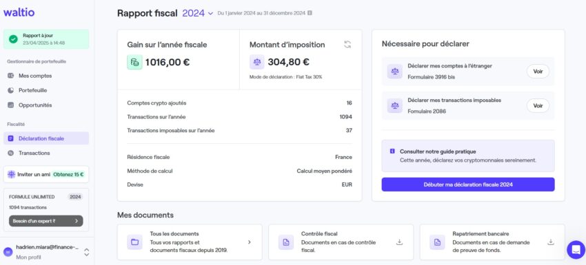 Ecran de déclaration fiscale Waltio