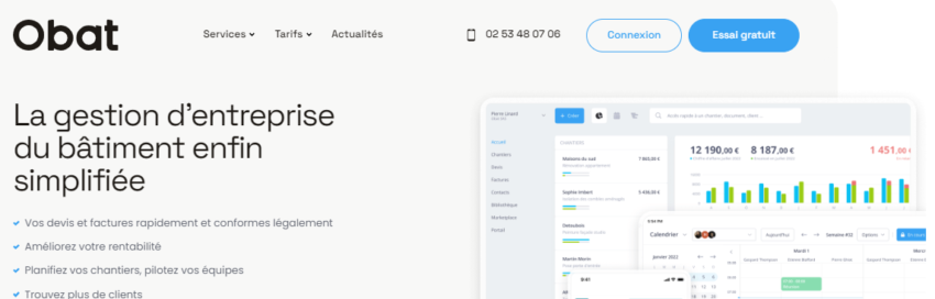 Tableau de bord Obat logiciel de gestion des missions pour les professionnels du bâtiment
