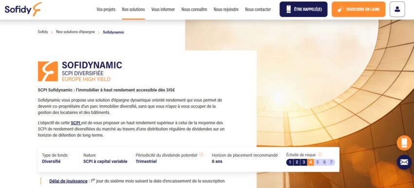 Page d'accueil de la nouvelle SCPI Sofidynamic