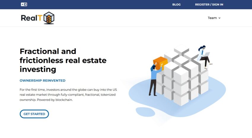 Page d'accueil de RealT, la plateforme qui permet d'investir dans de l'immobilier grâce aux crypto monnaies