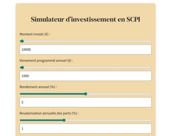 Aperçu de notre simulateur d'investissement en SCPI (rendement, mensualités, fiscalité, ...)