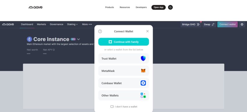 Page de connexion de son wallet crypto à Aave