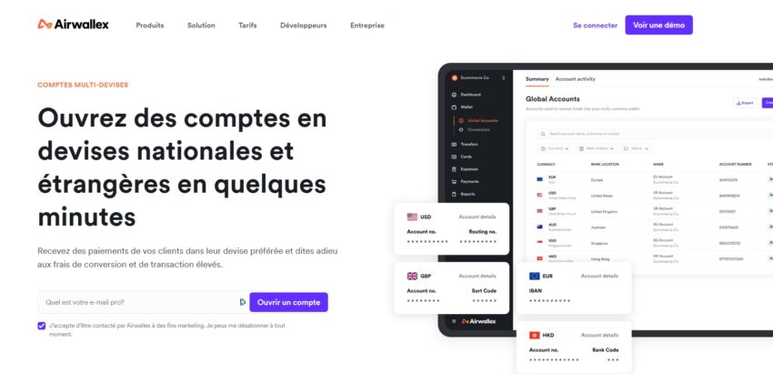 Visuel sur les comptes en devises nationales proposés par Airwallex