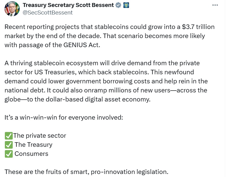 Post sur le réseau social X du secrétaire du Trésor américain sur le GENIUS Act, montrant son orientation pro crypto