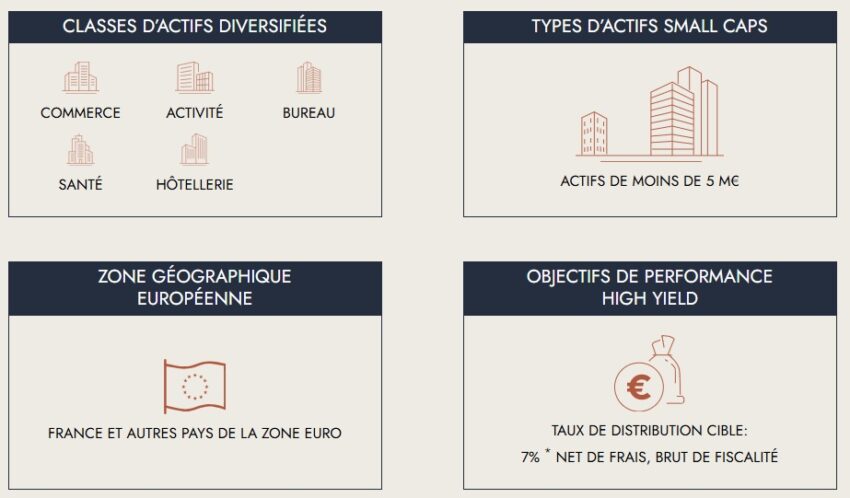 Infographie résumant dans quels types d'actifs immobiliers la société Wemo REIM investit