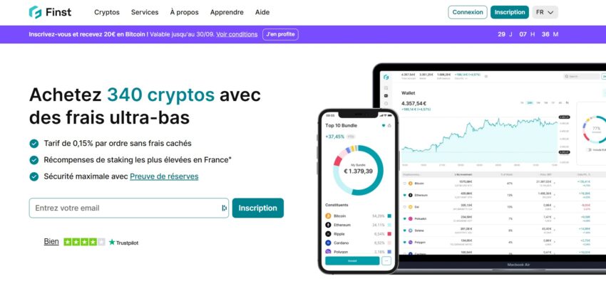 Visuel de la page d'accueil du site web de la plateforme crypto Finst, qui revendique des frais ultra-bas