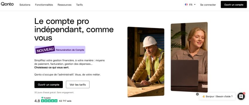 Page web de la banque pro en ligne Qonto, qui gère aussi les auto-entrepeneurs