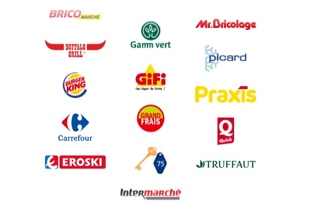 Visuel avec les locataires de la SCPI CRISTAL Rente : Burger King, Carrefour, Grand Frais, Picard, Buffalo Grill, etc.