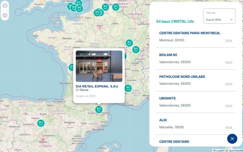 Illustration sur une carte de France que la SCPI CRISTAL Life possède plusieurs biens, comme ici un supermarché Dia, mais aussi des centres dentaires, un Aldi, etc.