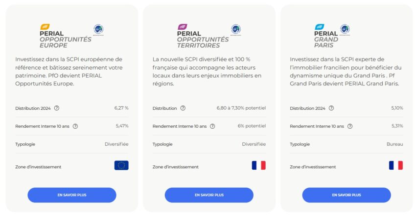 Visuel avec 3 des 5 SCPI gérées par PERIAL Asset Management
