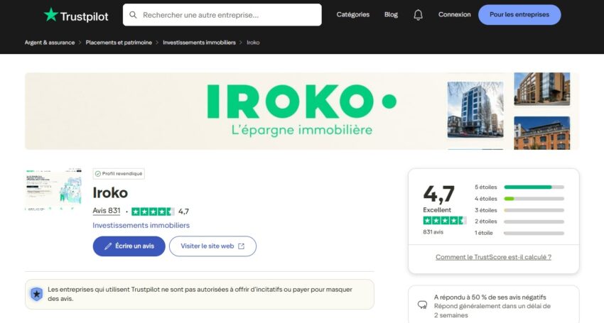 Capture d'écran montrant la moyenne des avis à propos d'Iroko sur Trustpilot : 4,7/5 en octobre 2025