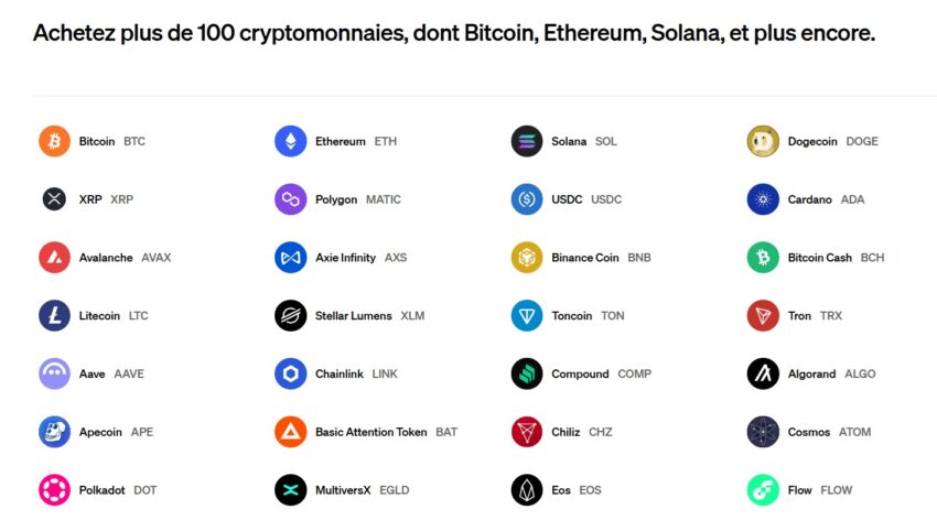 Image présentant un extrait des cryptomonnaies disponibles sur MoonPay