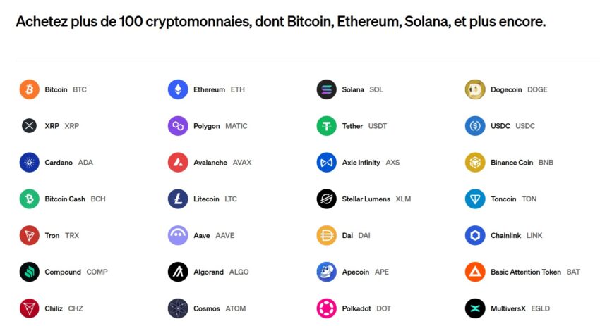 Image présentant un extrait des cryptomonnaies disponibles sur MoonPay