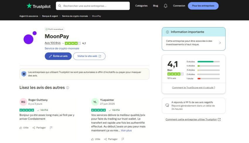 Image montrant les avis sur MoonPay sur le site Trustpilot, avec une moyenne de 4,1/5 pour plus de 100 000 avis déposés