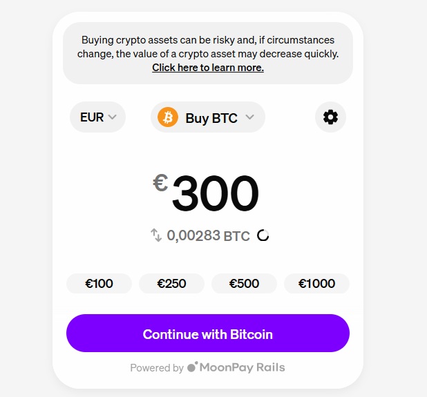 Ecran d'accueil de MoonPay pour acheter du Bitcoin