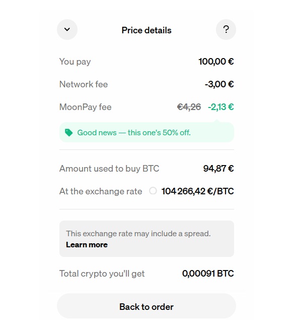 Capture d'écran montrant le détail des frais prélevés par MoonPay pour l'achat de 100€ de Bitcoin