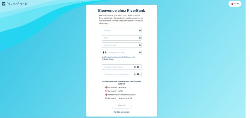 Page d'inscription à RiverBank