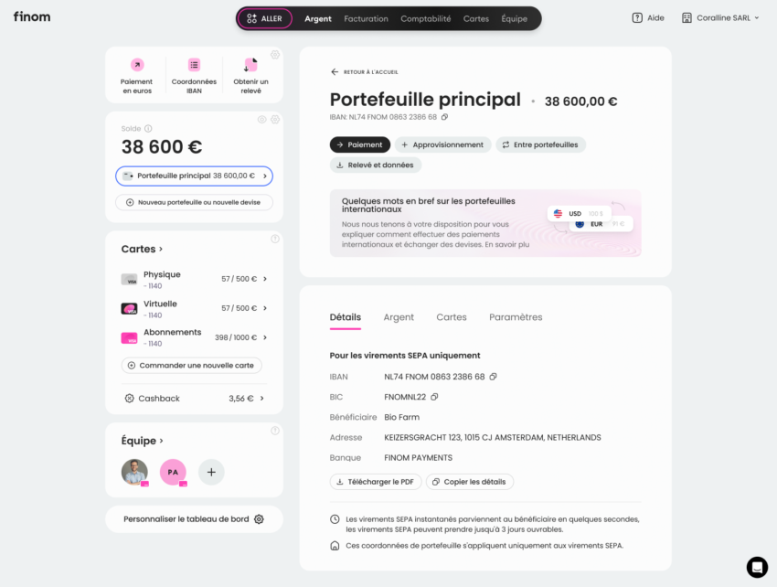 Visuel de l'espace client du compte pro Finom