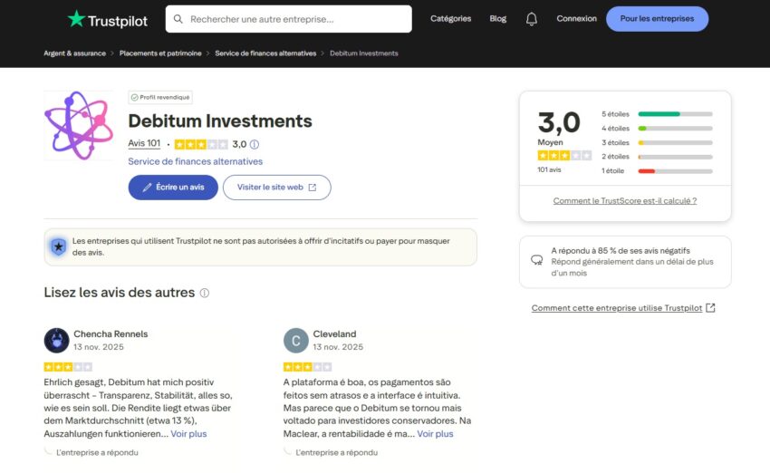 Avis Trustpilot à propos de Debitum Investments (décembre 2025)