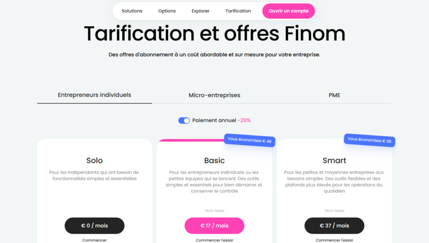 Les tarifs de la banque pro en ligne FINOM pour les indépendants (micro-entreprise, EURL, SASU)