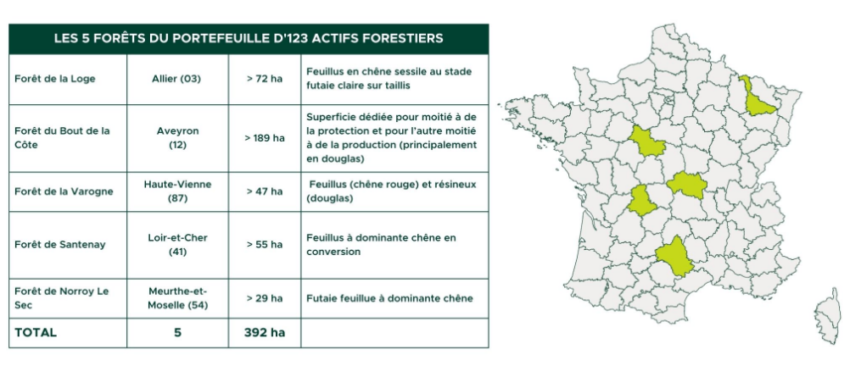 Caractéristiques principales des 5 forêts détenues par 123 Actifs Forestiers, un placement proposé par Lendosphère
