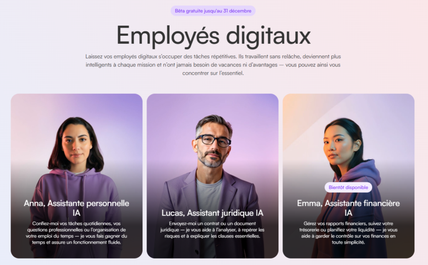 Visuel présentant les 3 employés digitaux proposés par Vivid en version bêta