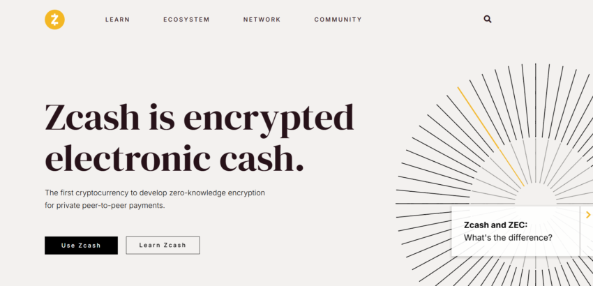 Page d'accueil du site de Zcash