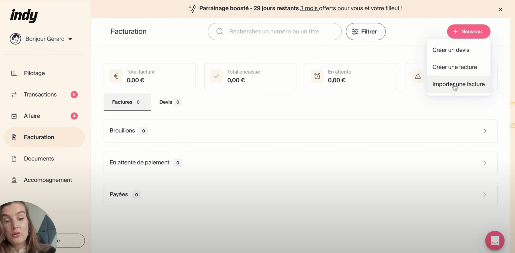 Onglet Facturation d'Indy
