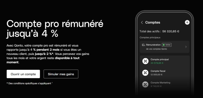 Visuel illustrant que Qonto rémunère les comptes courants professionnels jusqu'à 4% pendant les 2 premiers mois