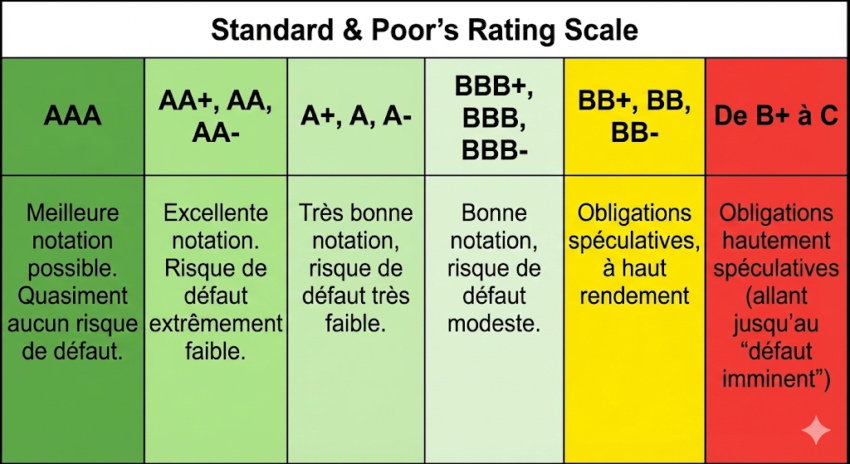 Echelle de notation de Standard & Poor's pour les obligations.