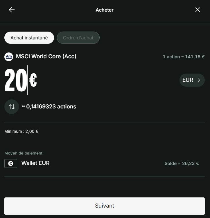Ecran d'achat de Bitpanda pour l'ETF Amundi MSCI World Core : simple et épuré