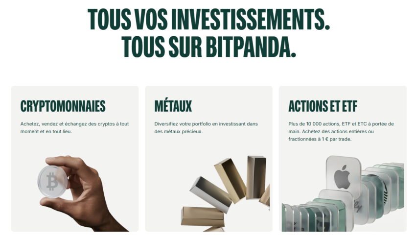 Visuel montrant que Bitpanda permet d'investir dans les cryptomonnaies, les métaux, et les actions et ETF