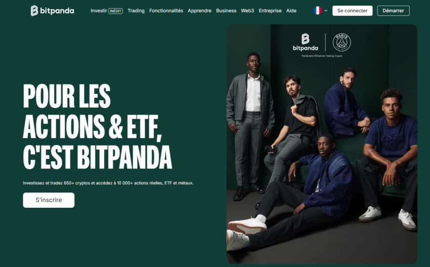 La nouvelle page d'accueil de Bitpanda qui met en avant l'investissement en actions et ETF