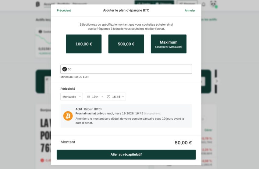 Illustration du plan d'épargne automatisé de Bitpanda avec un achat mensuel de Bitcoin