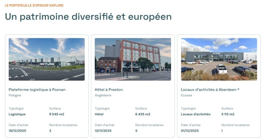 Photo des 3 actifs immobiliers au sein du patrimoine de la SCPI Epsicap Explore début 2026