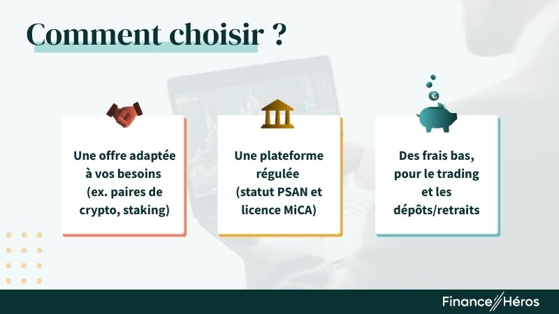 Illustration présentant les 3 critères important pour choisir sa plateforme d'investissement crypto